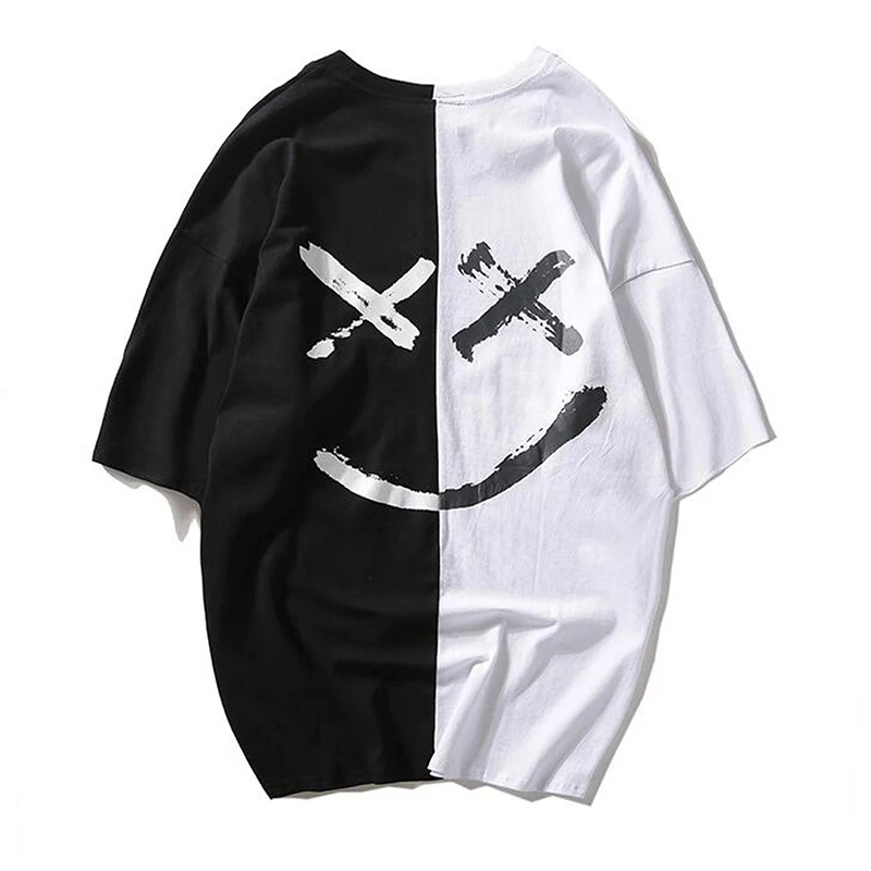 

Patchwork Smile Printed Short Sleeve Tee Shirts Men Fashion 2021 Summer O-Neck Pullover Tops Men Loose Casual T-shirt Streetwear