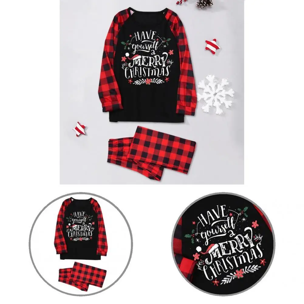 

Crew Neck Nightwear Christmas Plaid Print Shirt Pants Set for Daily Wear