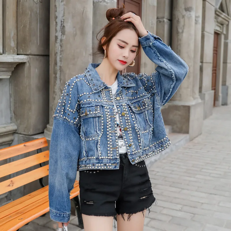 Short Loose Nail Pearl Cowboy 2019 Rivet Coat Jacket Woman | Женская одежда