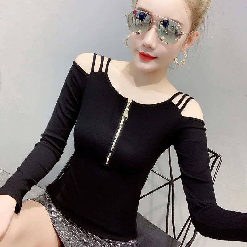Женские футболки на молнии с открытыми плечами весенне-осенние модные топы