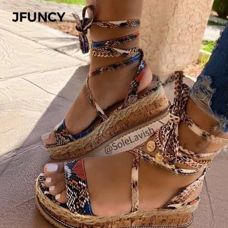 

JFUNCY Summer Snake Women Sandals Platform Heels Cross Strap Female Ankle Lace Peep Sandal Party Women's Shoes Sandalias