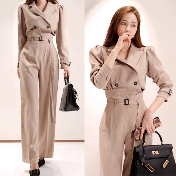 Женский деловой костюм из двух предметов элегантный двубортный топ с отложным