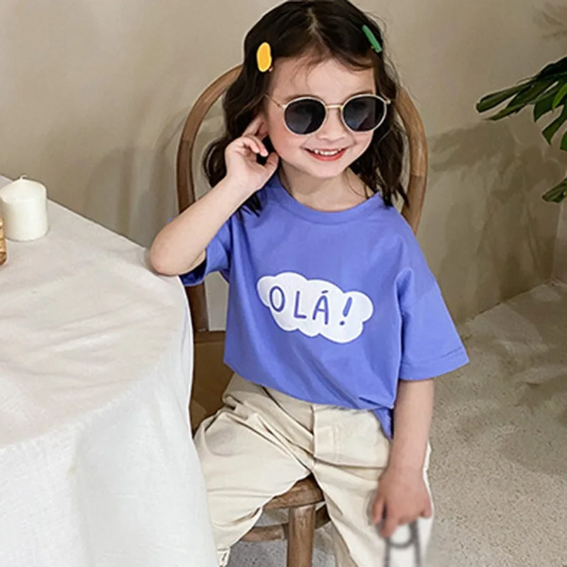 

Baby Girl Cotton T-Shirt Letter Print Round Neck Loose Blouse Short Sleeves Girls Tops Summer Casual Kid Clothing For Girl