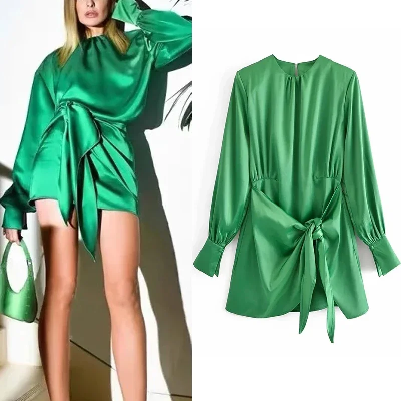 

Za 2021 Green Dress Woman Mini Satin Dress Women Summer Fashion Knot Ruched Long Puff Sleeve Short Elegant Party Dresses