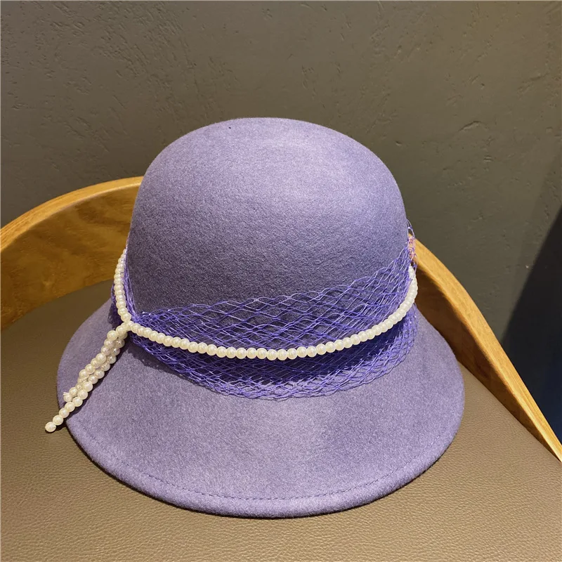 

Japan Custom Made European And American Style Women's Hat Autumn Winter Woolen Pearl Fisherman Hat Hepburn Style Retro Basin Hat