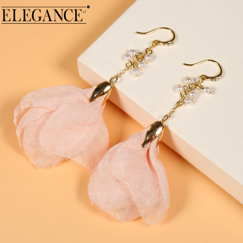 Elegance11 Women Long Flower Earrings Silk Pendant Pearl Tassel Jewelry Colorful Open Accessories Gifts for Girls | Украшения и