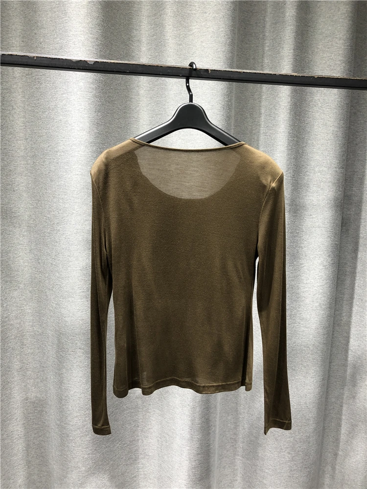 

Tshirt Women Fashion Casual Cotton Round Neck Long Sleeve Solid Color Pullover Pleated Chest Design Elastic Neckline