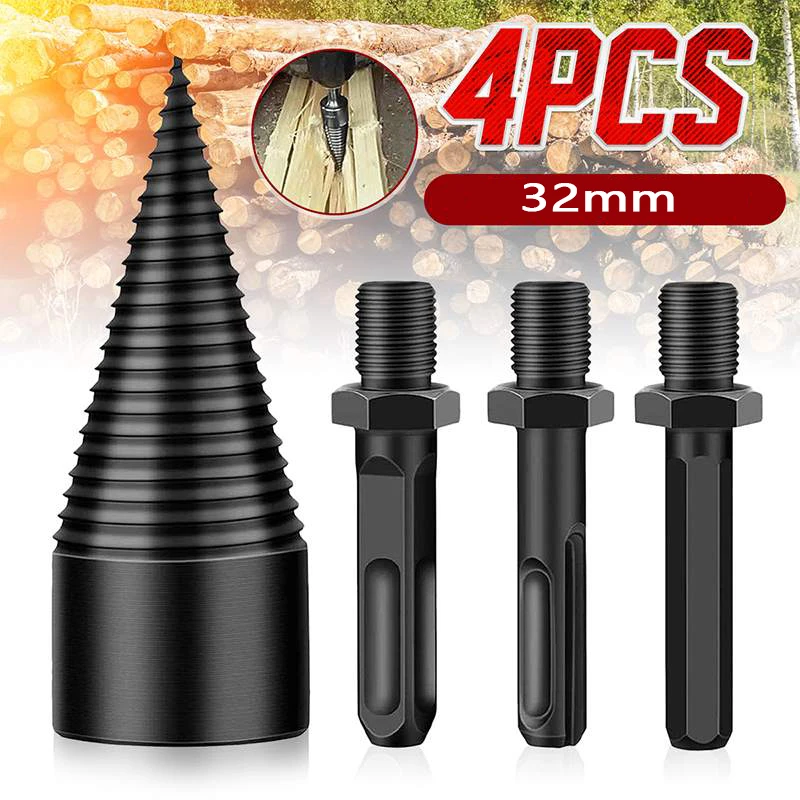 

4Pcs 32mm Firewood Splitter Drill Bit Round/Hex/Triangle Shank Wood Cone Reamer Punch Driver Step Drill Bit Woodworking Tool