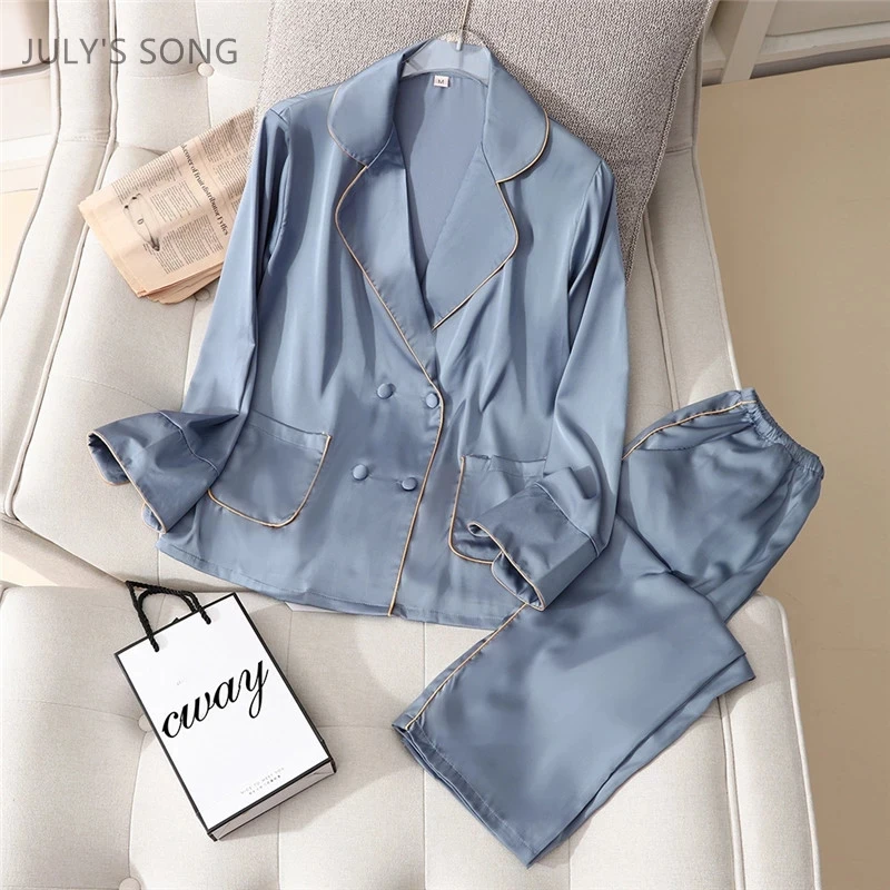 

2 Pieces Faux Silk Women Summer Sleepwear Suit Solid Color Long Sleeve Nightwear Female Ladies Pyjamas Lapel Neck Nightgown