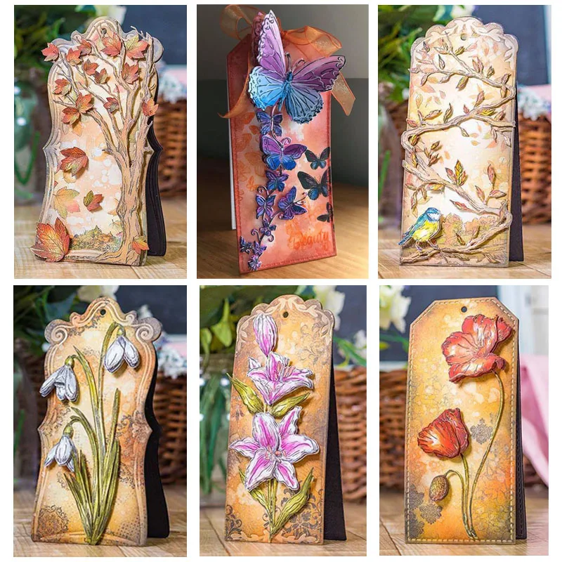 Die Set Flowers Snowdrops Wild Poppies Lilies Tree Butterfly Bird and Ornate Tags Metal Cutting Dies for Scrapbooking New