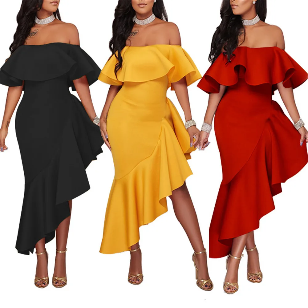 

Off Shoulder Flare Sleeve Dress Women 2020 Summer Party Club Wear Dinner Plus Size Solid Color Irregular Vestidos 2XL Yellow