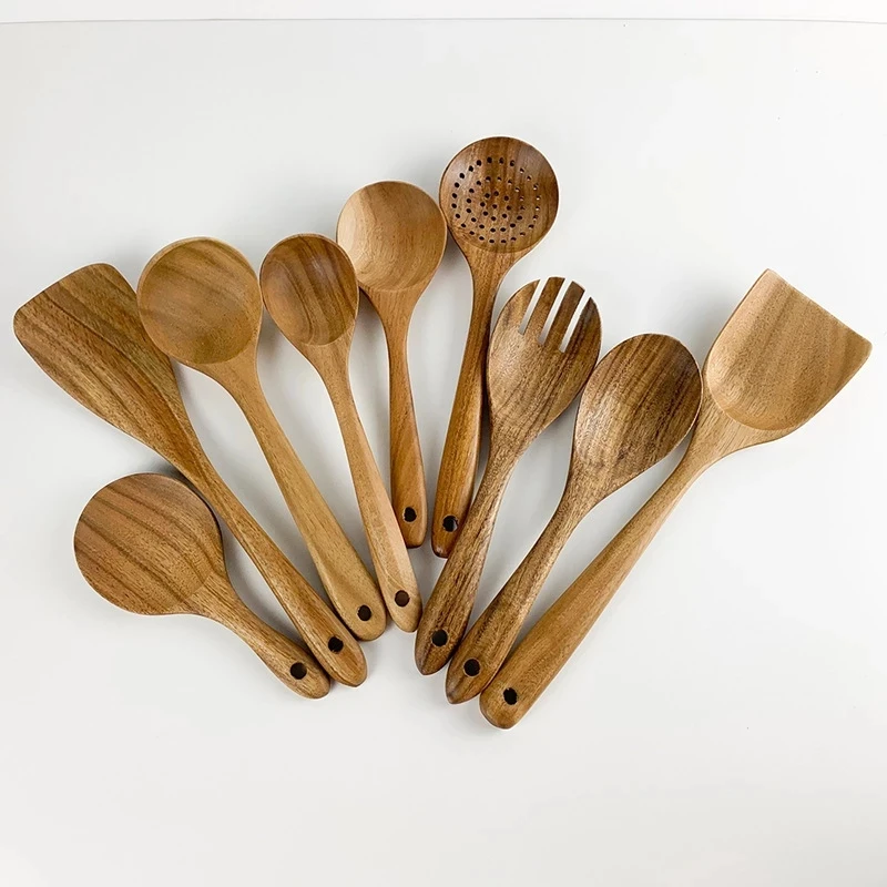 

Wooden Kitchen Utensils Set 9 PCS Wooden Spoons for Cooking Wooden Cooking Utensils Natural Teak Wooden Spoon For Non-stick Pan