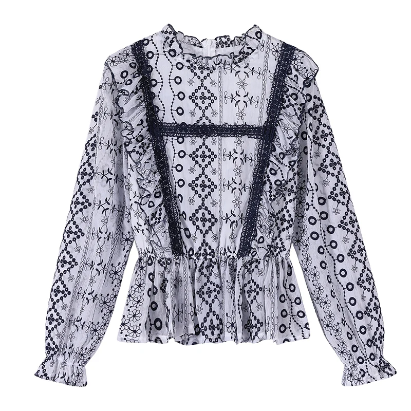 

Women Vintage O Neck Print Shirt Female Blouse Long Sleeve Work Casual Tops Chiffon Blouses Korean Style Loose Blusa
