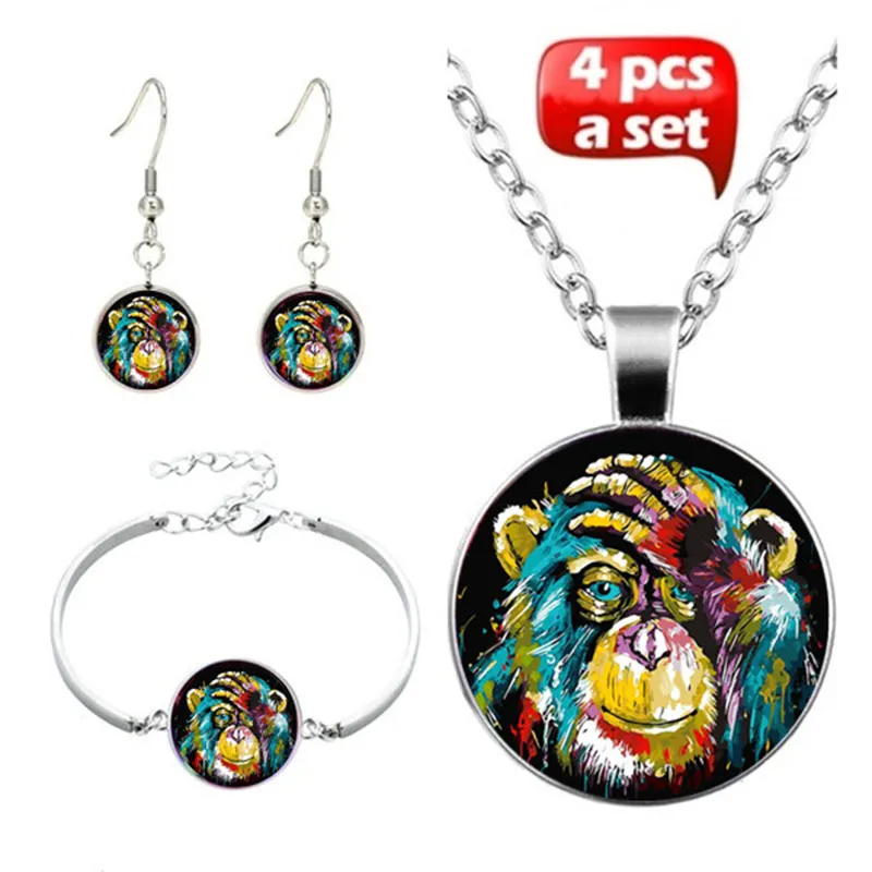 

4 Pcs/Set Baboon Glass Cabochon Necklace Earrings Bangle Colorful Monkey Art Picture Pendant Statement Chain For Women Jewelry