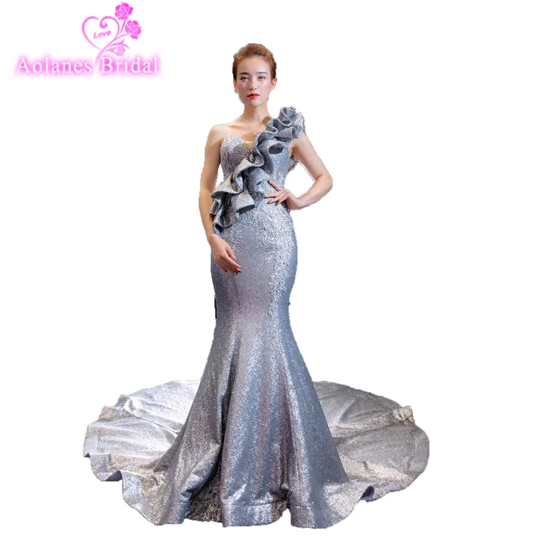 Размера плюс индивидуальный заказ оборками Топ серебристо-серый блестками