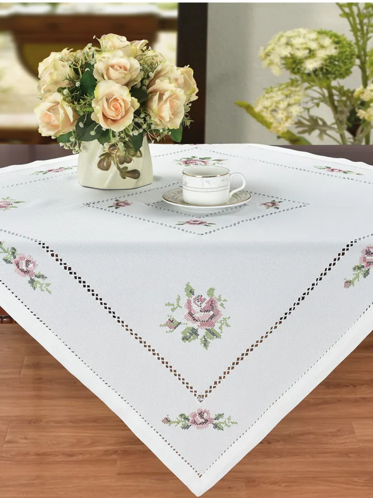 Романтическая скатерть и [Camellia Casa] для вышивки крестиком льняная моющаяся белая