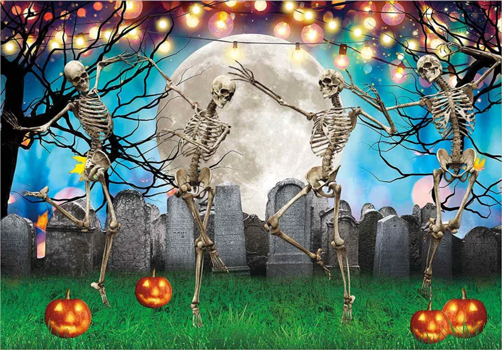 Halloween Party Backdrop Dancing Skeletons Hallowmas Eve Cemetary Graveyard Pumkins Moon Night Ghost Photography Background enlarge