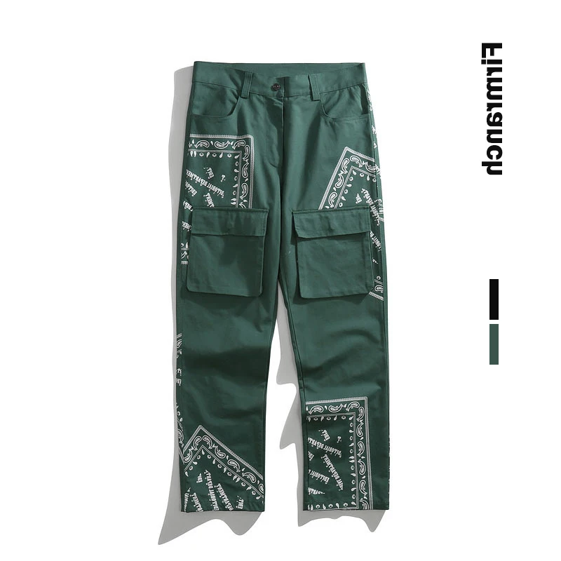 

New 2021 Men/Women Paisley Print Cargo Pants Casual Trousers Black&Green Vibe Straight Leg Loose Ins Long Slacks