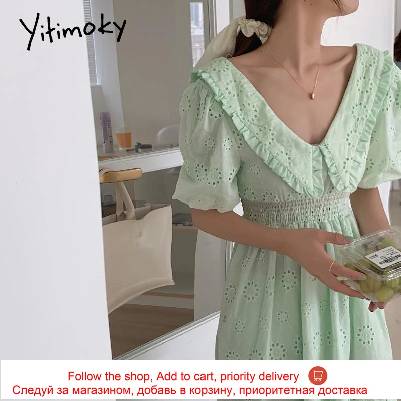 

Yitimoky Vintage Women Dresses Peter Pan Collar 2021 Summer Fashion Korean New Puff Sleeve Hollow Out Cotton Backless Dress