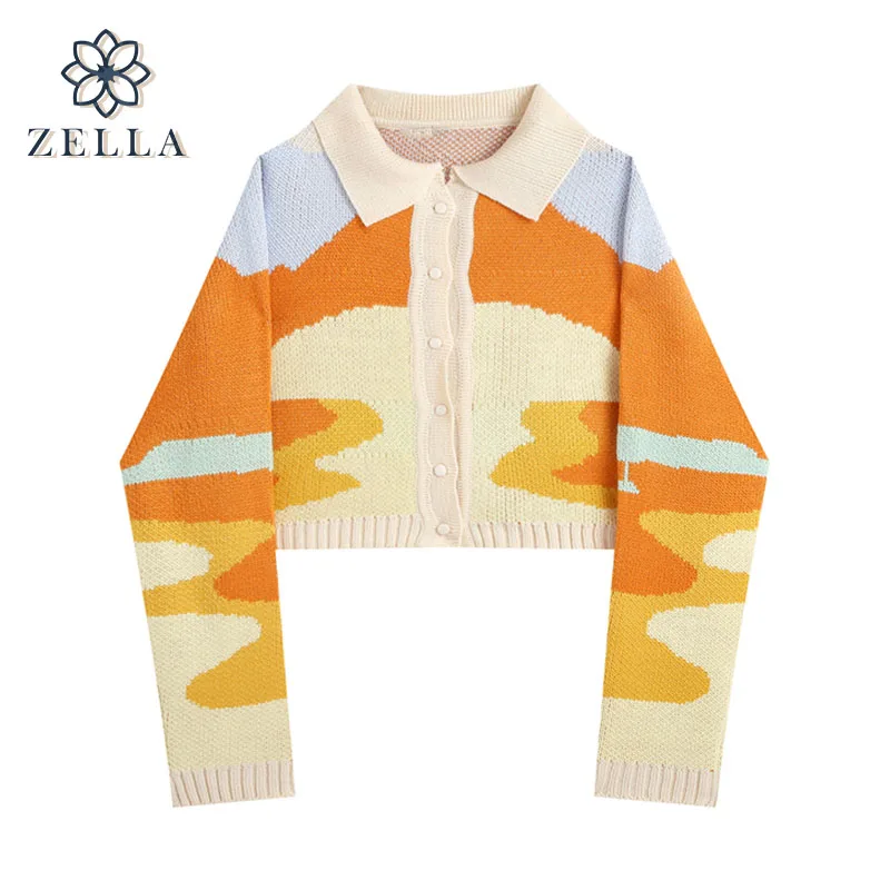 

Женский короткий вязаный свитер, винтажный однобортный Свободный кардиган с принтом в виде солнечного света, Осень-зима