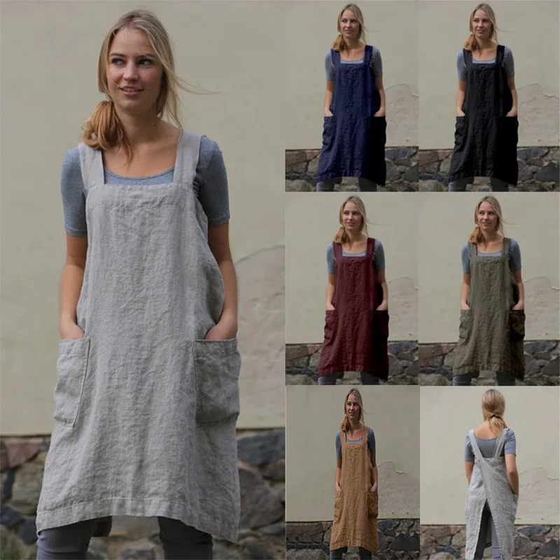 

Women's Cotton Linen Apron Long Wai Home Furnishing Service Loose Long Dress
