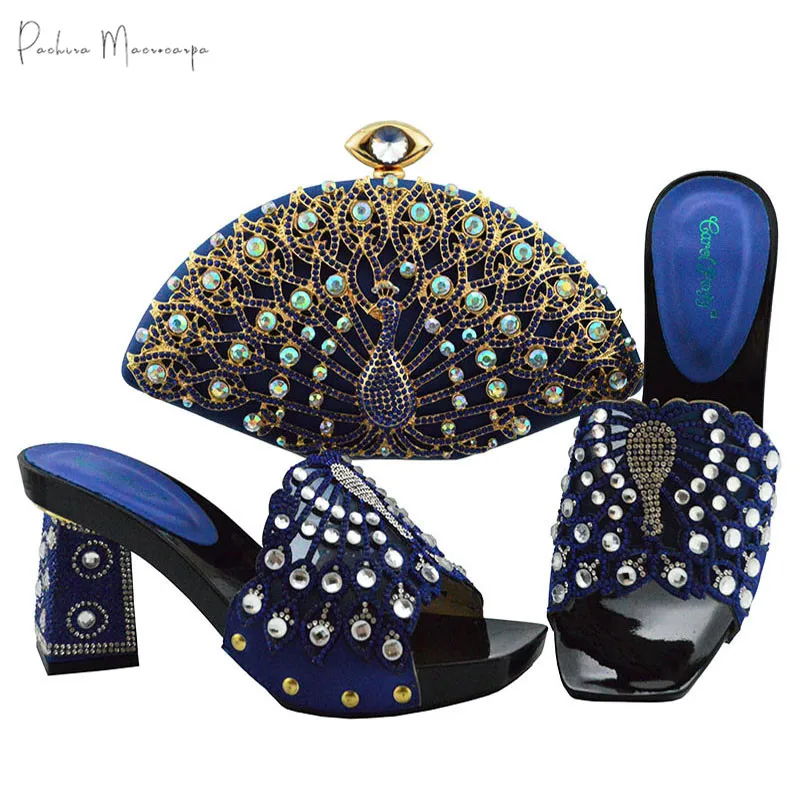 Newest Italian Design Nigerian Fashion Special Peacock Crystal Decoration Party Ladies Shoes and Bag Set in Royal Blue Color