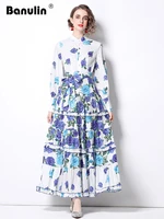 banulin 2022 designer bohemian vacation blue floral long maxi dress womens spring printed lantern sleeve elegant party dress