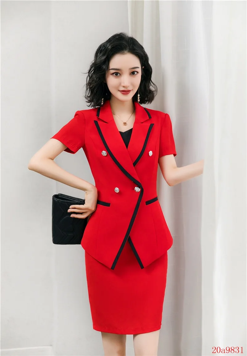 Летний модный женский красный Блейзер женские деловые костюмы с юбкой и курткой