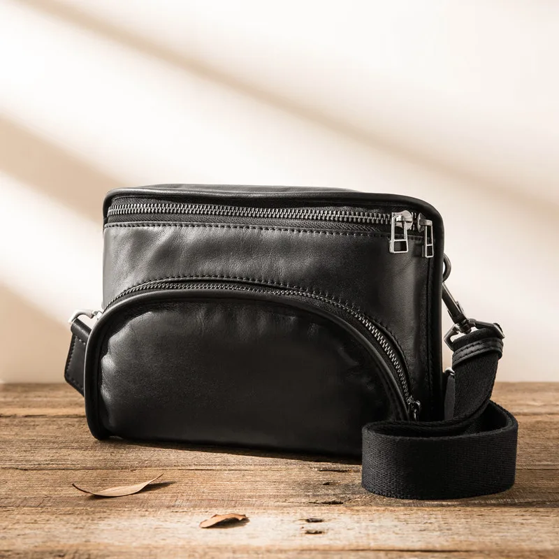 Simple Casual Fashion genuine Leather Men's Black Chest Bag Daily Outdoor Weekend Travel Soft cowhide Shoulder Messenger Bag