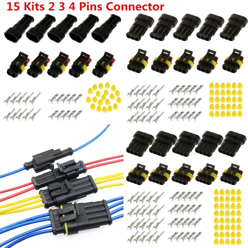 

15Kits 2 3 4 Pins Way Sealed Waterproof Electrical Wire Connector Plug Terminals for Car Truck Vehicle Motorbike Universal