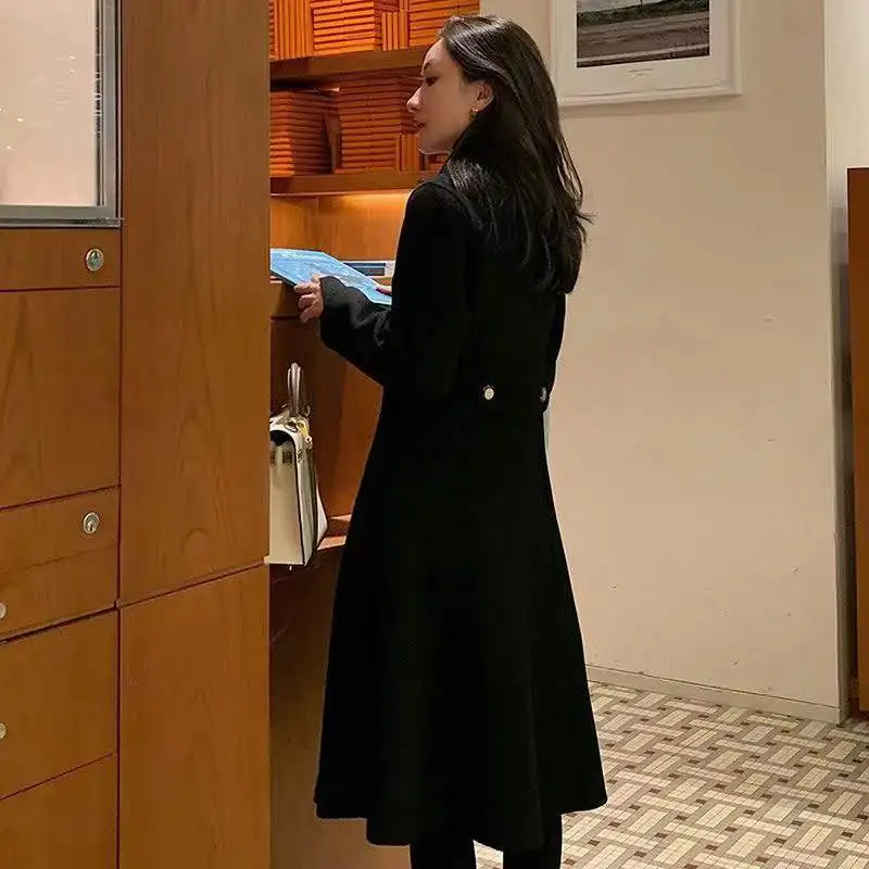 Женское длинное пальто элегантное шерстяное с поясом однотонное в Корейском