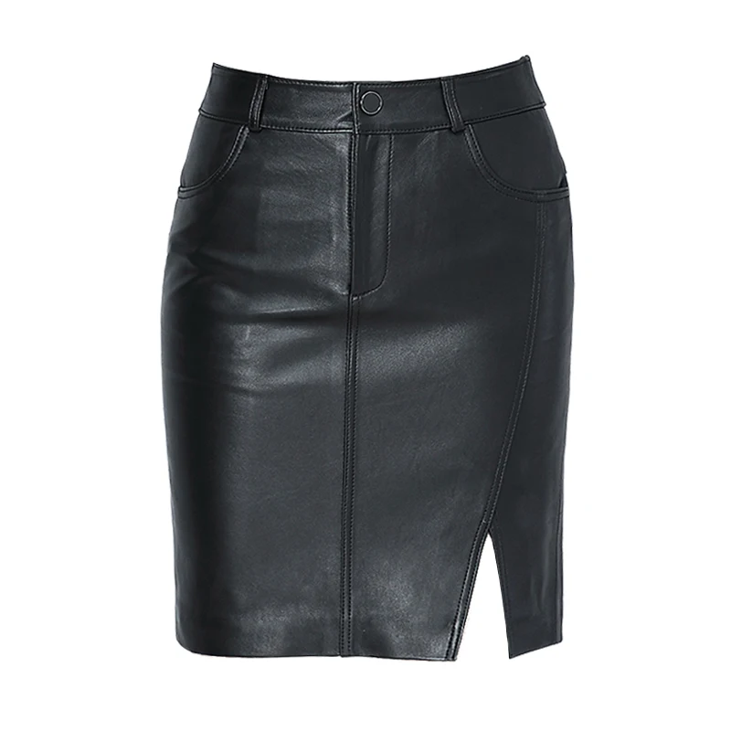 

High waist leather skirt women's new half skirt split leather wrap skirt slim mid skirt autumn winter sheep skin hip one step
