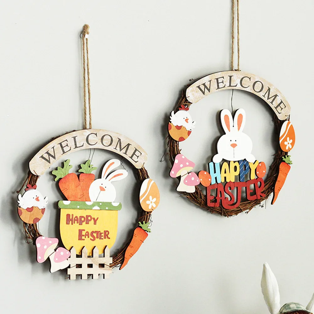 28cm Easter Wreath for Front Door Decor Wooden Bunny Easter Eggs Garland Wall Pendant Happy Easter Decorations for Home Rabbit