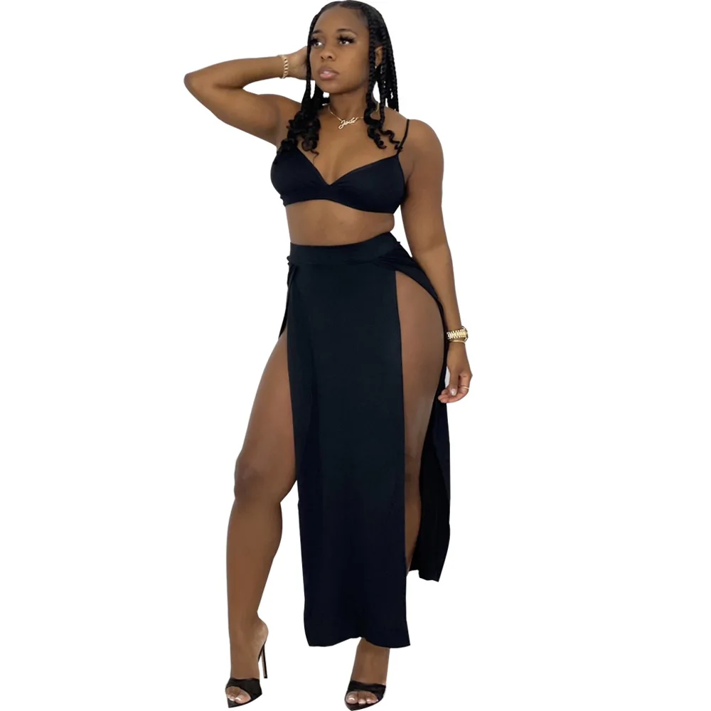 

Street Fashion Sling Short Top Long Skirt Summer Ladies Sexy Hollow Cut Cute Split Skirt Two-Piece Suit