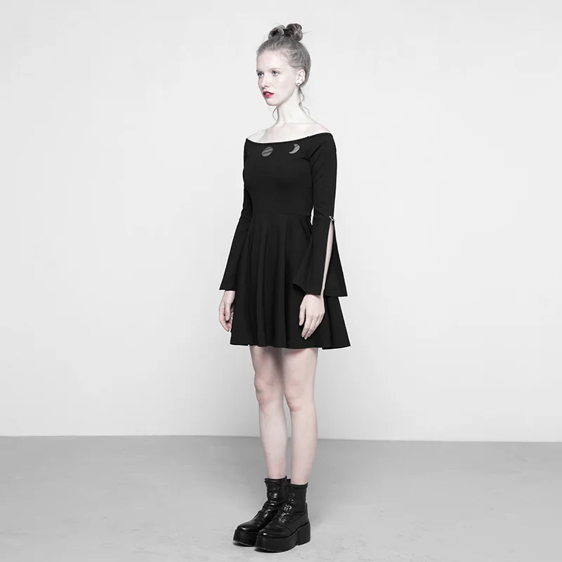 PUNK RAVE New Gothic Women's Black Off-shoulders Long Slit Flared Sleeves Bardot Mini Dress Fashion Party Sexy A-Line Women | Женская