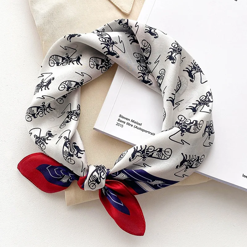 

2022 Horse Print 100% Natual Silk Square Scarf Women Designer Shawl Hijab Headband Hairband Bandana Poncho Neckerchief Female