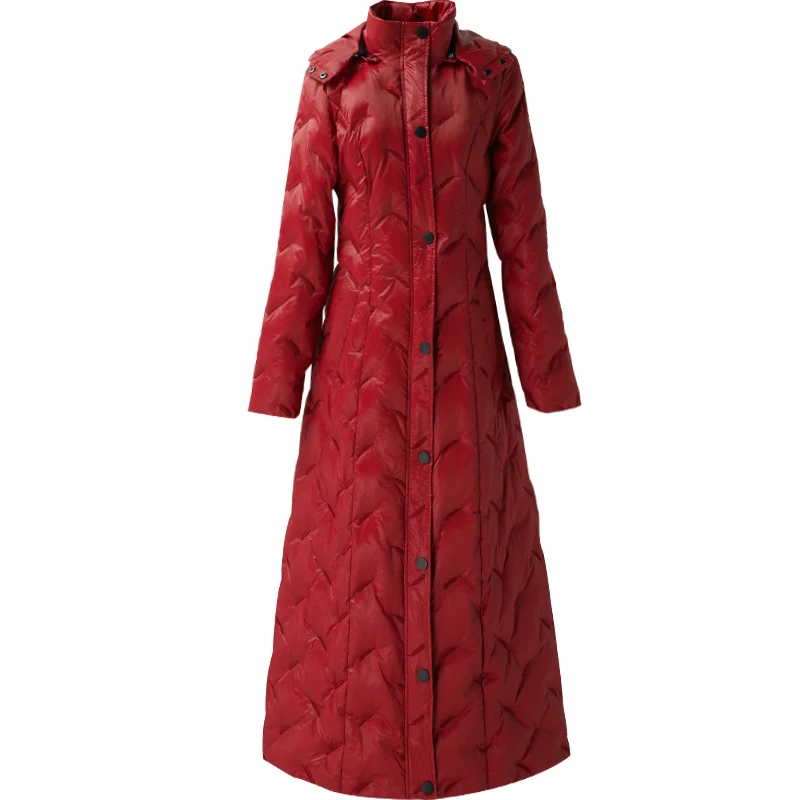 Женский длинный пуховик с капюшоном Красный Яркий до колена поясом на поясе для
