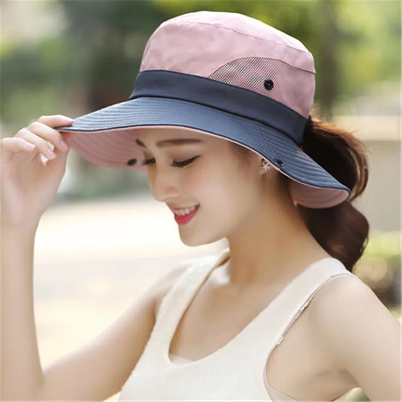 

2021 Summer Ponytail Hat for Women Wide Brim Breathable Sun Hat Outdoor Hiking Fishing Bucket Waterproof Boonie Hat
