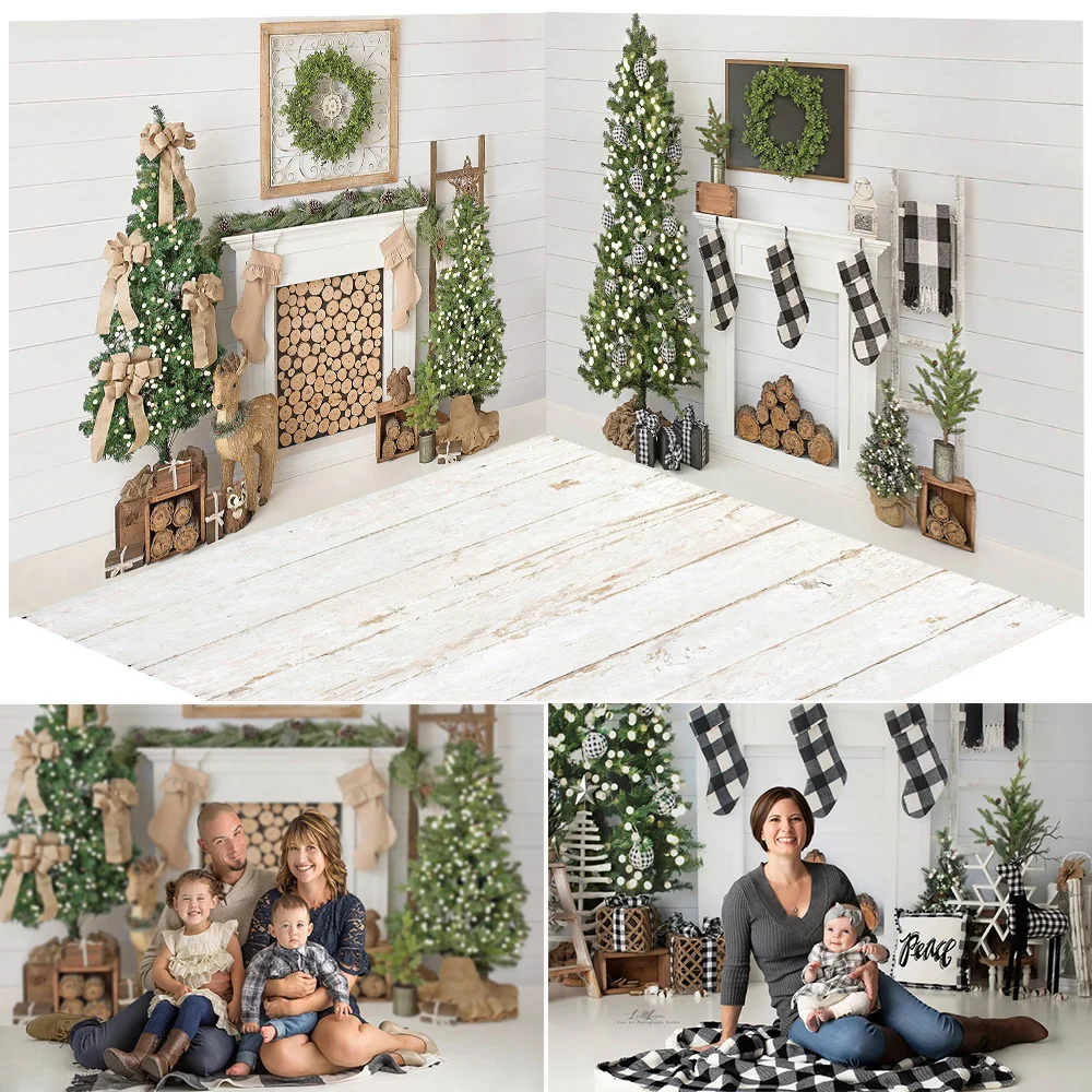 

Christmas Living Room Background Decorations Winter Fireplace Socks Family Party Portrait Backdrop Christmas Tree Wreath Photo