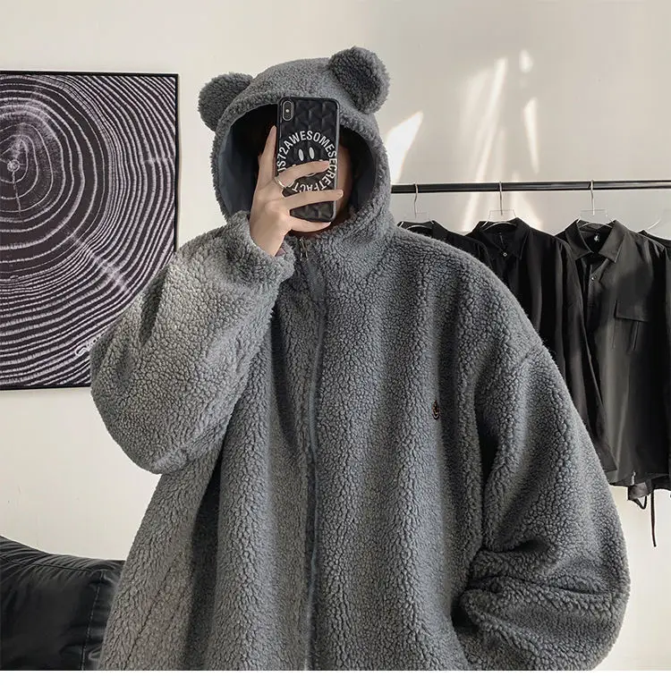 

Lamb wool sweater winter thick fleece hooded cardigan jacket Korean loose vintage clothes Women's clothing Solid coat vintage