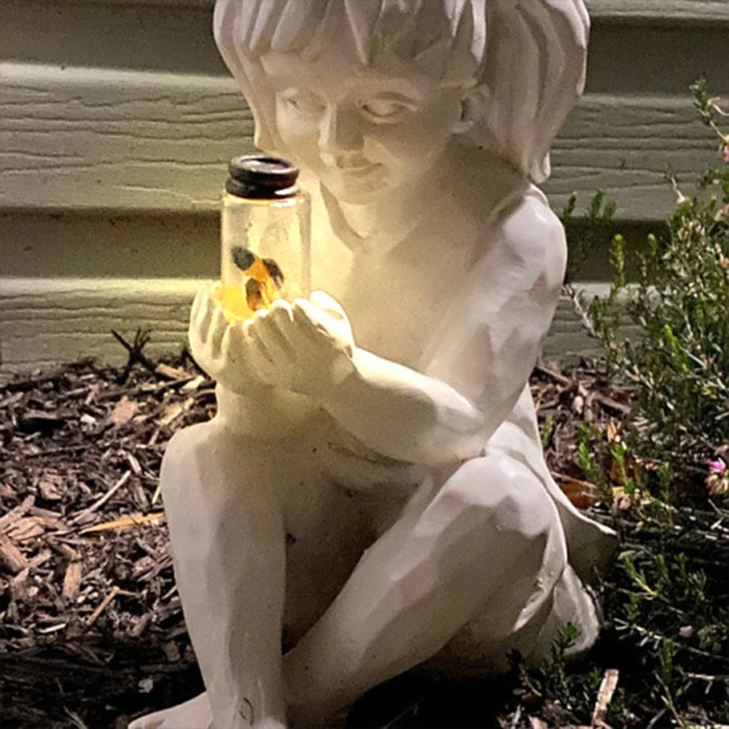 

A Kid With Solar Fireflies Garden Statue Resin Jar Boy Girl Statue Whimsical Flowerbed Yard Outdoor Sculpture Decor FP8