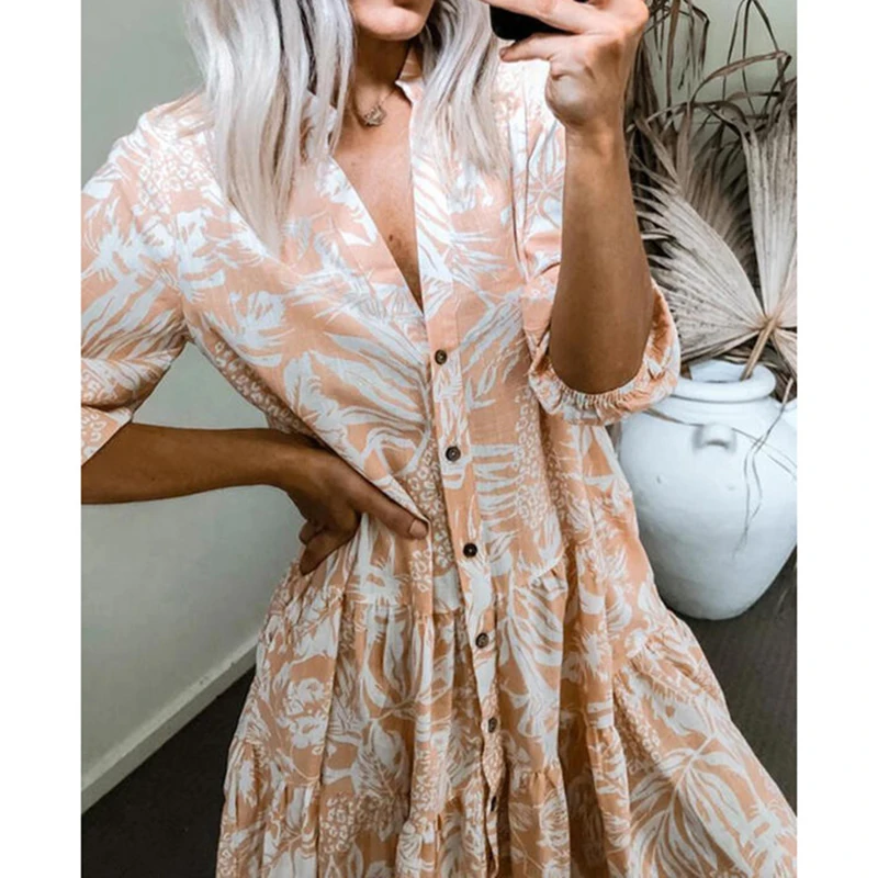

Summer 2021 Women Floral PrintS treet Sexy Casual Loose Thin Beach Party Dress Plus Size V Neck Mini Dress Female Vestidos