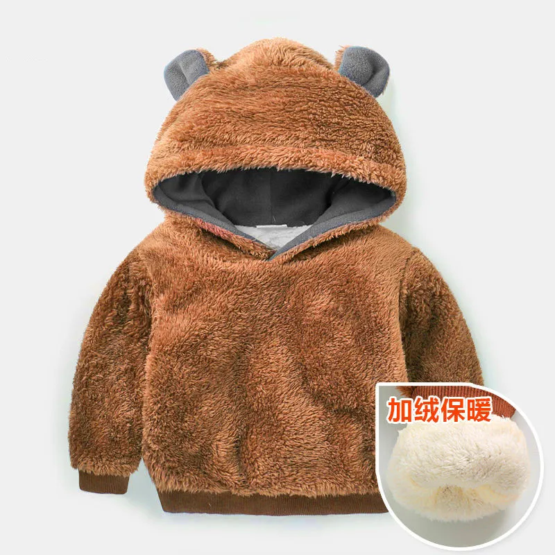 Thicken brown Теплые зимние куртки с капюшоном для маленьких мальчиков и девочек; плотные бархатные куртки кораллового цвета с рисунком медведя; кардиган; Верхняя одежда; пальто; парки - Цвет: Thicken brown