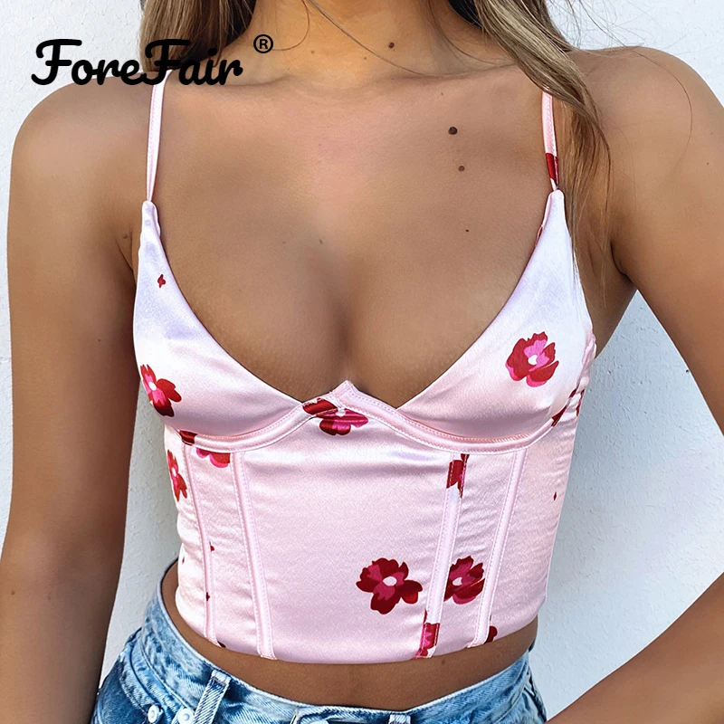

Forefair Staghetti V Neck Satin Corset Top With Straps 2021 Summer Floral Print Clothes Blue Sleeveless Club Women Crop Tops