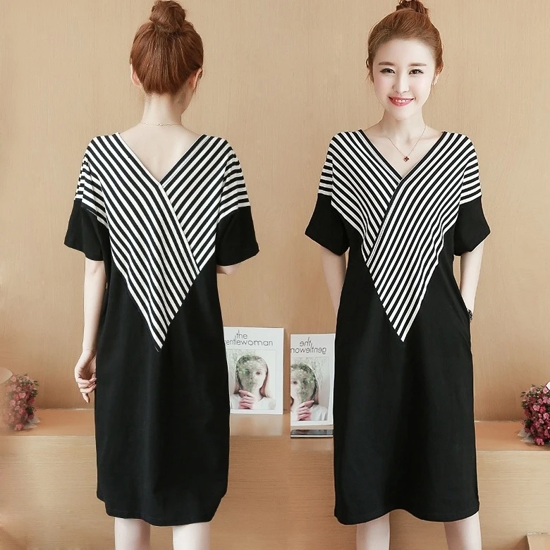 FJ1347B-2020 summer new large size women's short-sleeved V-neck t-shirt casual mid-long striped dress women | Женская одежда