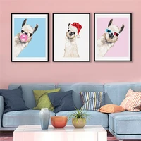 funny bubble gum llama animal canvas painting pink blue colorful child poster wall art picture nordic nursery baby bedroom decor