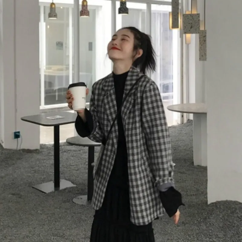 

Корейский Клетчатый Женский блейзер Черный Повседневный свободный простой пиджак стильный Блейзер Noir Femme винтажная Женская одежда Новинка...
