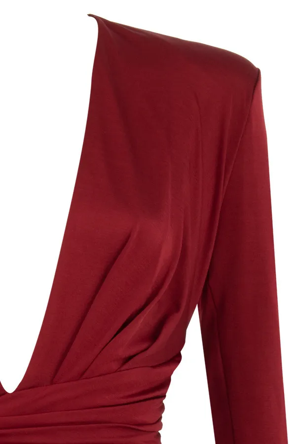 

Women sexy deep v neck wrinkle sheath dress Front split long sleeve slim bodycon midi dress Femme night club vestido