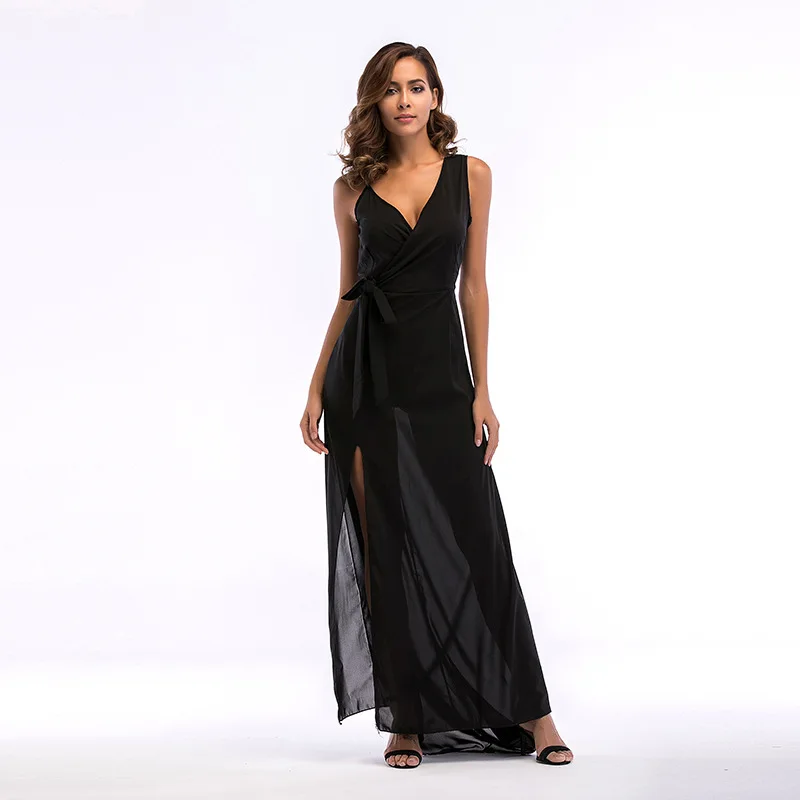 

Female Wrap Fornt Tiered Maxi Dress in Black Floor-Length Split Design Plunge Neck for Party