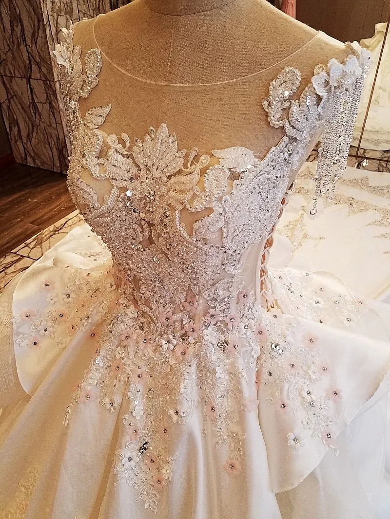 SWEMILE 100% Real Photo Luxury Royal Wedding Dress Beaded Cap Sleeve Zip Up Back Ball Gown 1M 2M Train Bride Dresses Robe